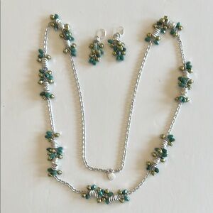 Jones New York Teal and Silver 42 Inch Necklace and Pierced Earrings.
